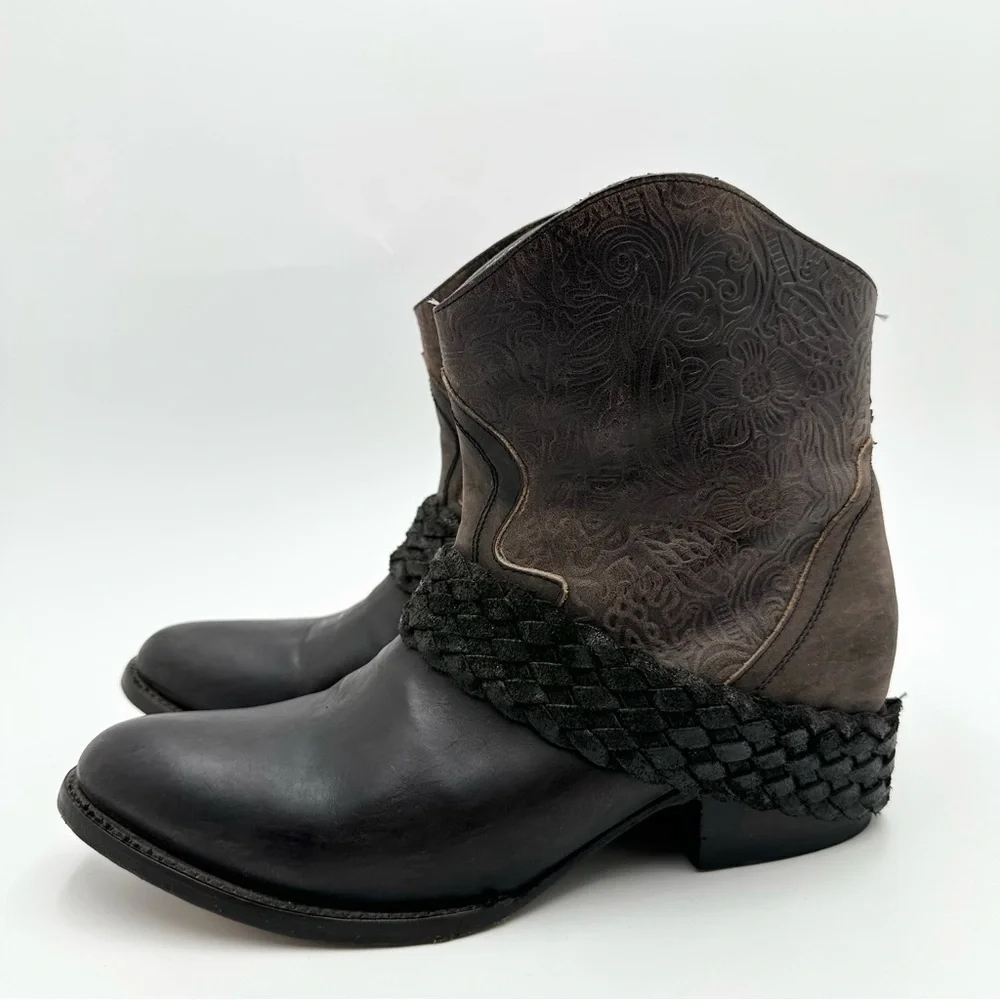 Freebird by Steven Mzcal Slate Brown Tooled Leather Western Ankle Boots